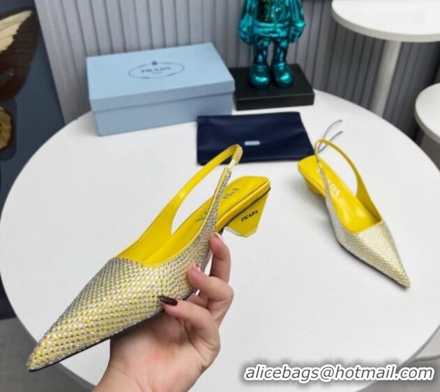 Sophisticated Prada Satin Slingback Pumps 4cm with Crystals Yellow 204012