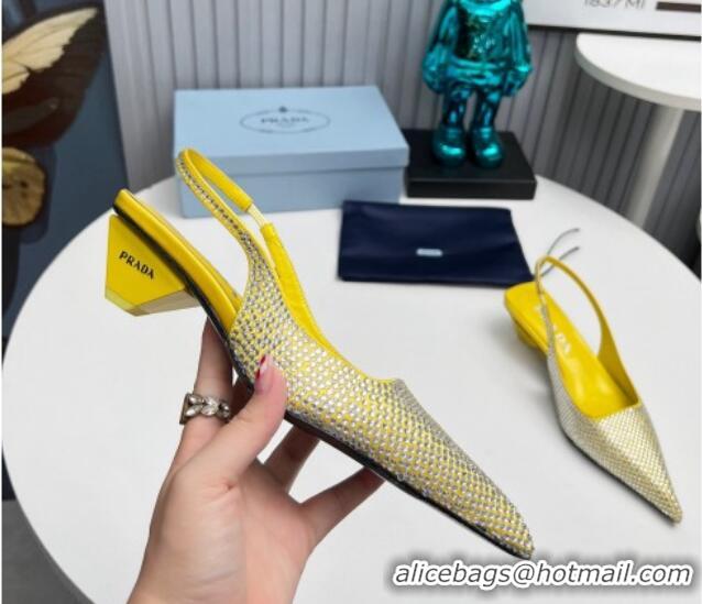 Sophisticated Prada Satin Slingback Pumps 4cm with Crystals Yellow 204012