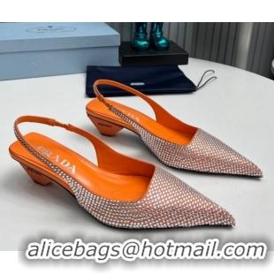 Duplicate Prada Satin Slingback Pumps 4cm with Crystals Orange 204014