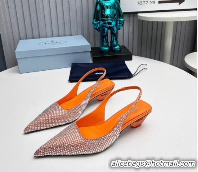 Duplicate Prada Satin Slingback Pumps 4cm with Crystals Orange 204014