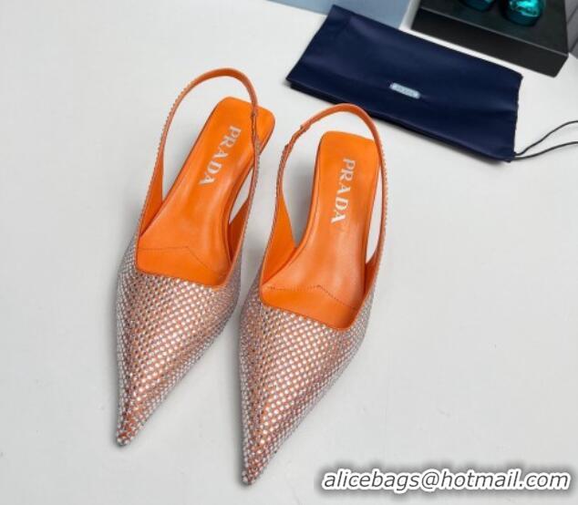 Duplicate Prada Satin Slingback Pumps 4cm with Crystals Orange 204014