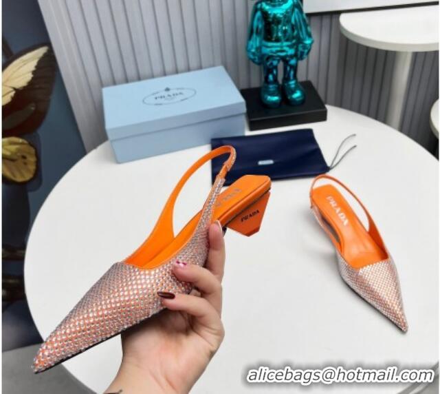 Duplicate Prada Satin Slingback Pumps 4cm with Crystals Orange 204014