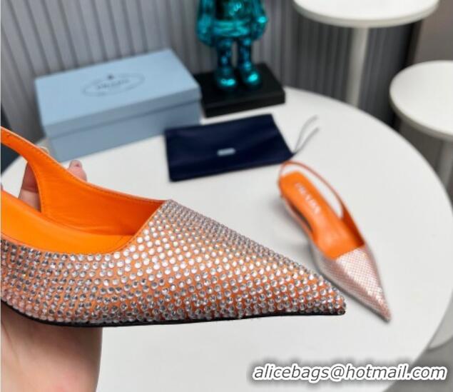 Duplicate Prada Satin Slingback Pumps 4cm with Crystals Orange 204014