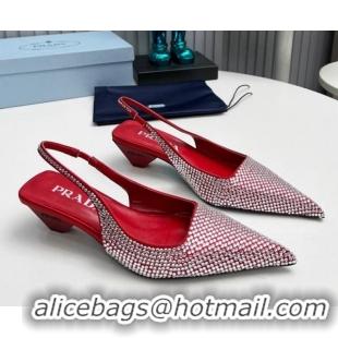 Sumptuous Prada Satin Slingback Pumps 4cm with Crystals Red 204015