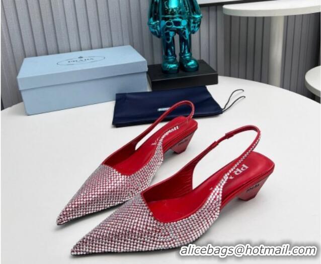 Sumptuous Prada Satin Slingback Pumps 4cm with Crystals Red 204015