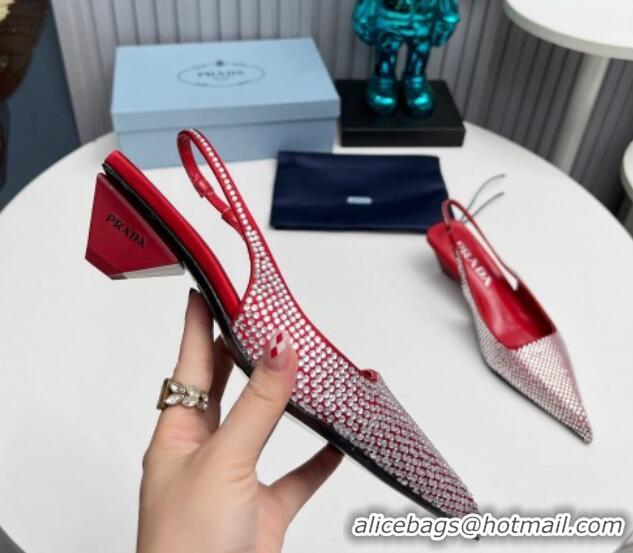 Sumptuous Prada Satin Slingback Pumps 4cm with Crystals Red 204015