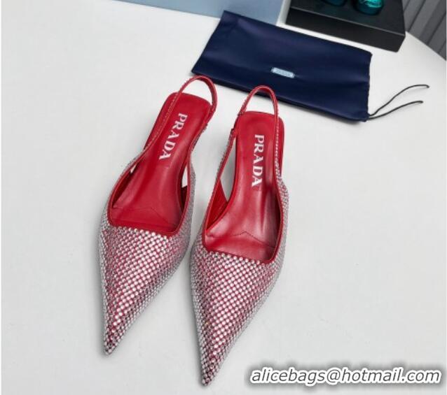 Sumptuous Prada Satin Slingback Pumps 4cm with Crystals Red 204015