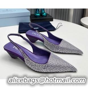 Pretty Style Prada Satin Slingback Pumps 4cm with Crystals Purple 204017