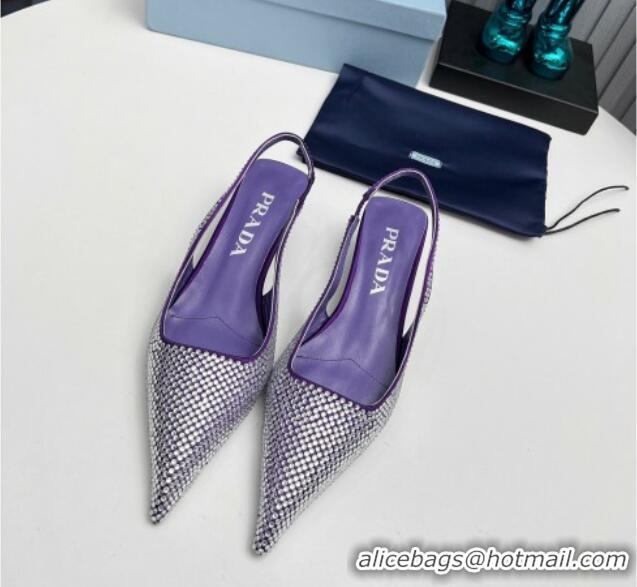 Pretty Style Prada Satin Slingback Pumps 4cm with Crystals Purple 204017