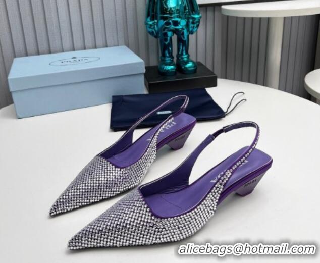 Pretty Style Prada Satin Slingback Pumps 4cm with Crystals Purple 204017