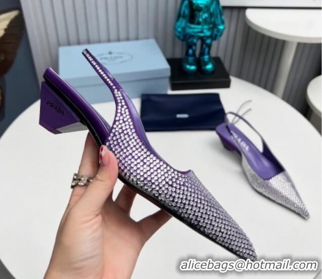 Pretty Style Prada Satin Slingback Pumps 4cm with Crystals Purple 204017