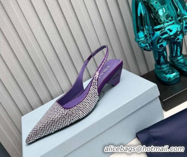 Pretty Style Prada Satin Slingback Pumps 4cm with Crystals Purple 204017