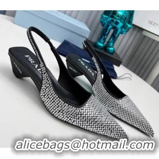 Stylish Prada Satin Slingback Pumps 4cm with Crystals Black 204018