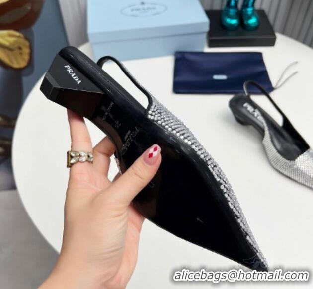 Stylish Prada Satin Slingback Pumps 4cm with Crystals Black 204018