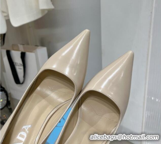 Top Quality Prada Brushed Leather High Heel Pumps 8.5cm with Back Logo Nude 214012