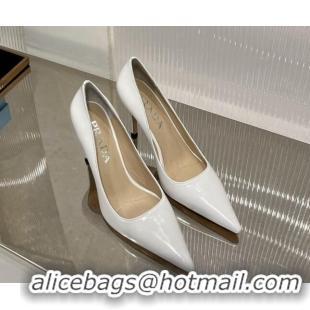 Top Quality Prada Brushed Leather High Heel Pumps 8.5cm with Back Logo White 214015