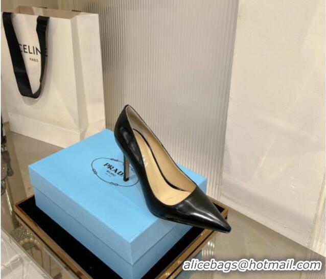 Duplicate Prada Brushed Leather High Heel Pumps 8.5cm with Back Logo Black 214016