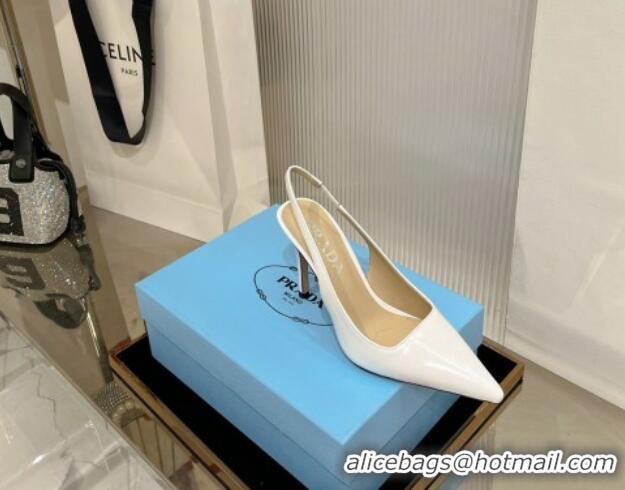 Good Quality Prada Brushed Leather Slingback Pumps 8.5cm with Back Logo White 214017