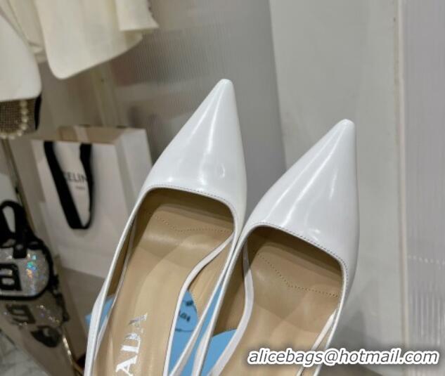 Good Quality Prada Brushed Leather Slingback Pumps 8.5cm with Back Logo White 214017