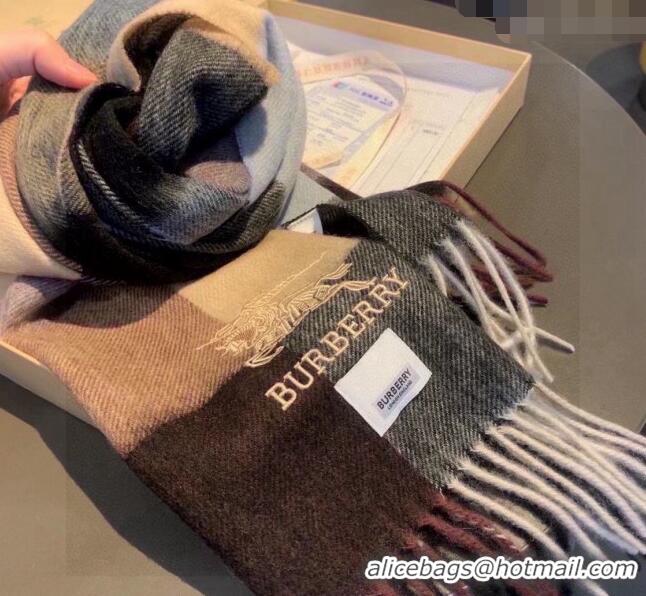 Famous Brand Burberry Check Cashmere Scarf with Knight Logo 35x180cm BR122101 Grey 2023