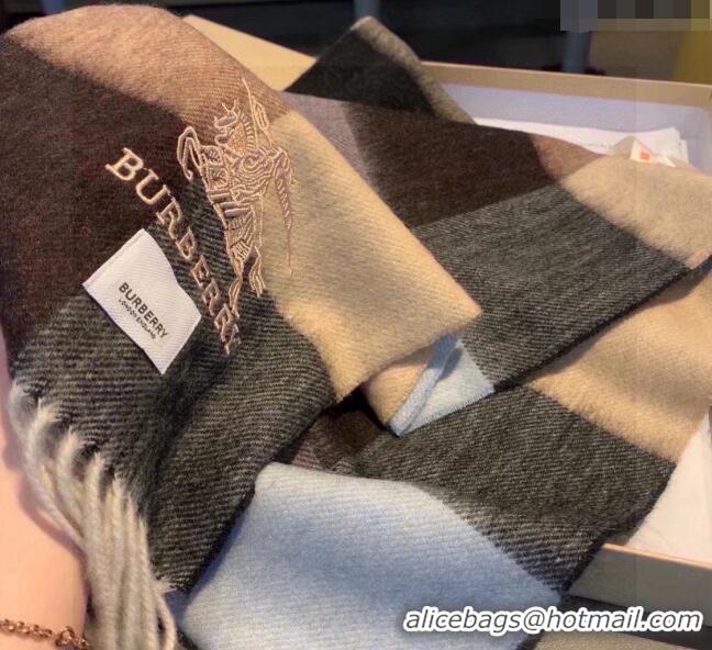 Famous Brand Burberry Check Cashmere Scarf with Knight Logo 35x180cm BR122101 Grey 2023