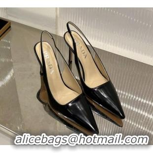 Good Looking Prada Brushed Leather Slingback Pumps 8.5cm with Back Logo Black 214019