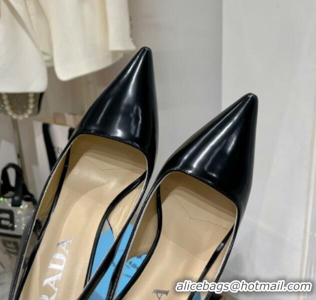 Good Looking Prada Brushed Leather Slingback Pumps 8.5cm with Back Logo Black 214019