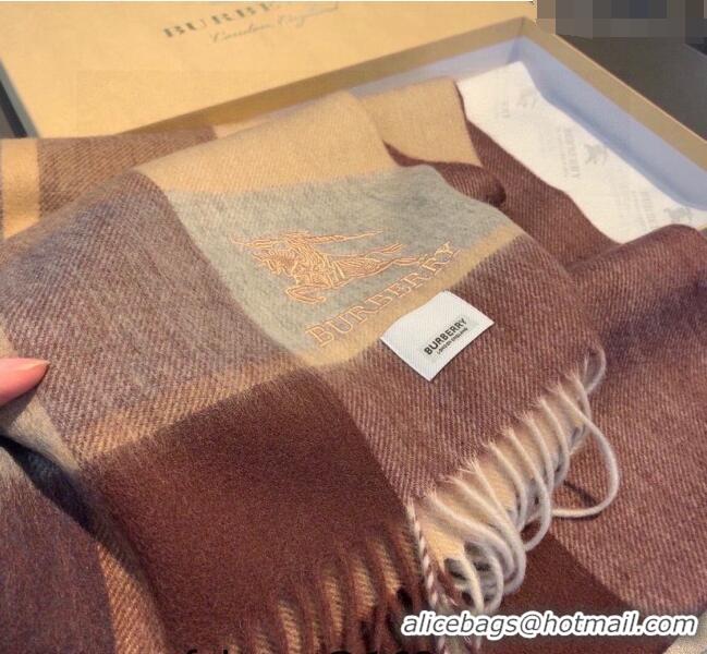 Well Crafted Burberry Check Cashmere Scarf with Knight Logo 35x180cm BR122101 Brown 2023