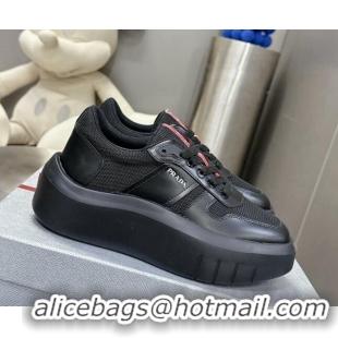 Buy Luxury Prada Leather and Mesh Platform Sneakers Black 1214021