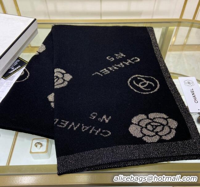 Good Product Chanel Cashmere and Gold-Tone Camellia Bloom Long Scarf 62x195cm CH122102 Black 2023