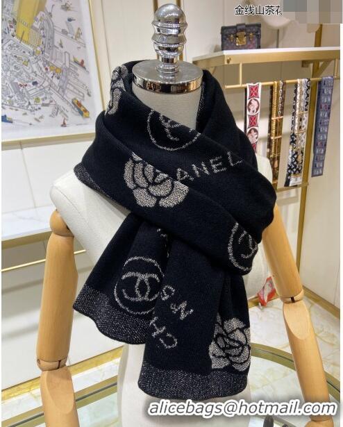 Good Product Chanel Cashmere and Gold-Tone Camellia Bloom Long Scarf 62x195cm CH122102 Black 2023