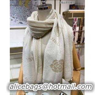 Reasonable Price Chanel Cashmere and Gold-Tone Camellia Bloom Long Scarf 62x195cm CH122102 White 2023