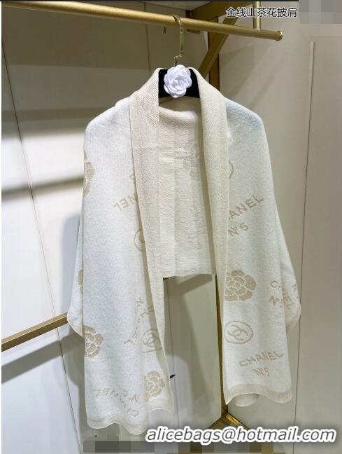 Reasonable Price Chanel Cashmere and Gold-Tone Camellia Bloom Long Scarf 62x195cm CH122102 White 2023