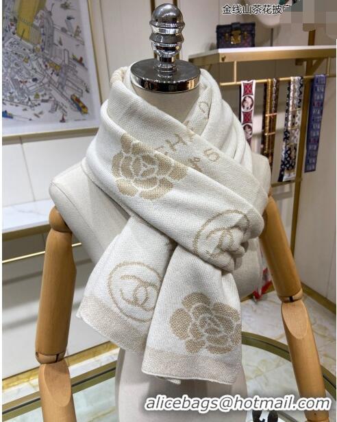 Reasonable Price Chanel Cashmere and Gold-Tone Camellia Bloom Long Scarf 62x195cm CH122102 White 2023