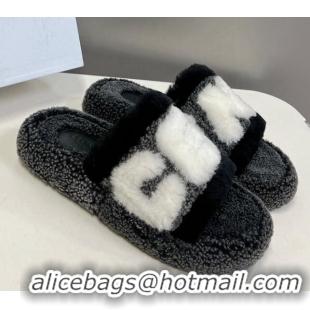 Top Grade Celine Wool Platform Slide Sandals Black 104034