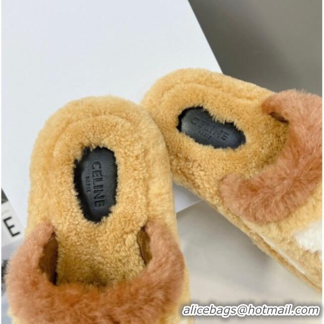 Classic Hot Celine Wool Platform Slide Sandals Apricot 104035