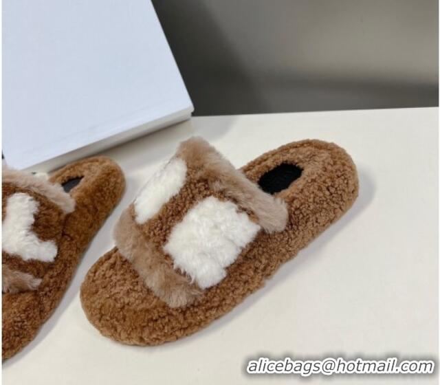 Good Quality Celine Wool Platform Slide Sandals Brown 104038