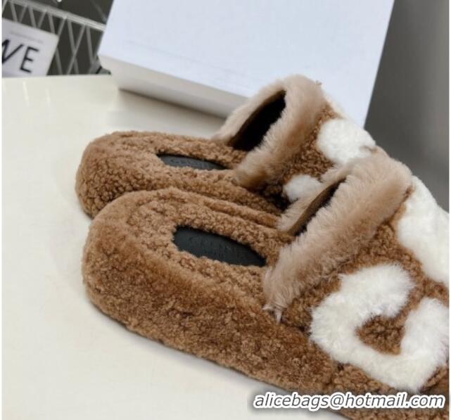 Good Quality Celine Wool Platform Slide Sandals Brown 104038