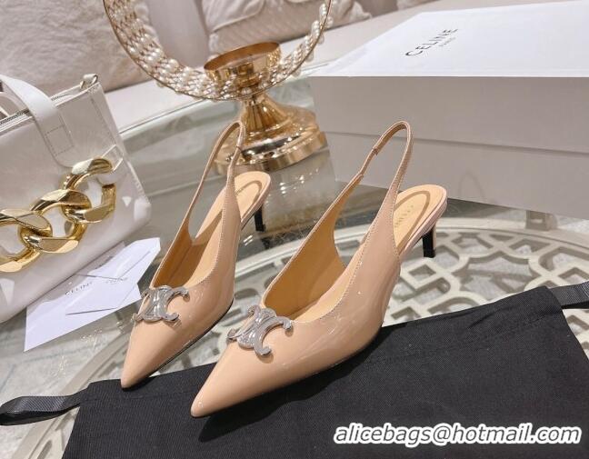 Luxurious Celine Alma Triomphe Slingbacks Pumps 5cm in Glossy Calfskin Apricot 204083