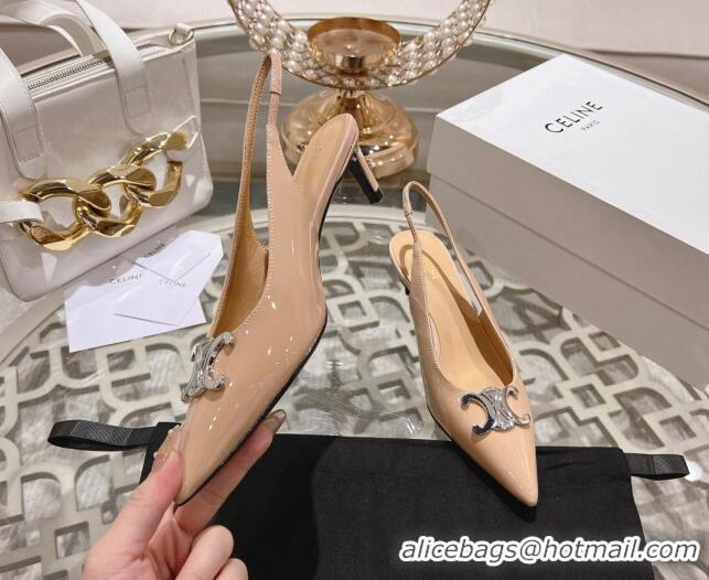 Luxurious Celine Alma Triomphe Slingbacks Pumps 5cm in Glossy Calfskin Apricot 204083