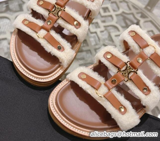 Lowest Price Celine Tippi Flat Slide Sandals in Shearling and Calfskin Brown 204084