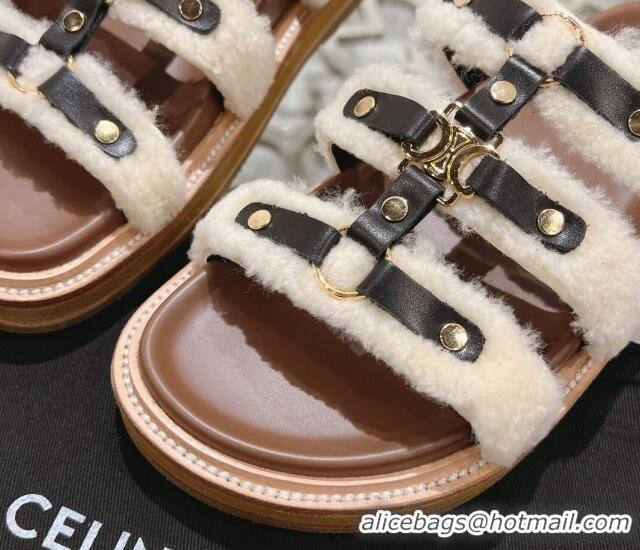 Best Price Celine Tippi Flat Slide Sandals in Shearling and Calfskin Black 204085