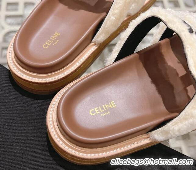 Best Price Celine Tippi Flat Slide Sandals in Shearling and Calfskin Black 204085