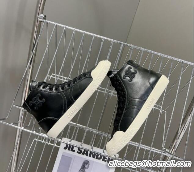 Best Product Celine AS-02 Mid Lace-up Alan Sneakers with Triomphe Patch in Calfskin Black 204086