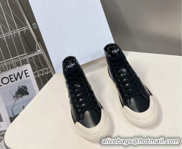 Best Product Celine AS-02 Mid Lace-up Alan Sneakers with Triomphe Patch in Calfskin Black 204086