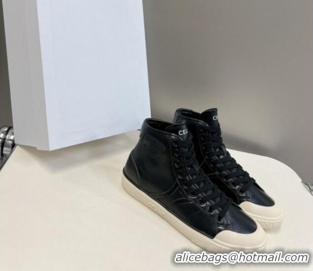 Best Product Celine AS-02 Mid Lace-up Alan Sneakers with Triomphe Patch in Calfskin Black 204086