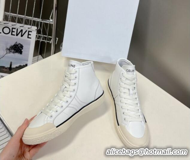 Low Price Celine AS-02 Mid Lace-up Alan Sneakers with Triomphe Patch in Calfskin White 204087