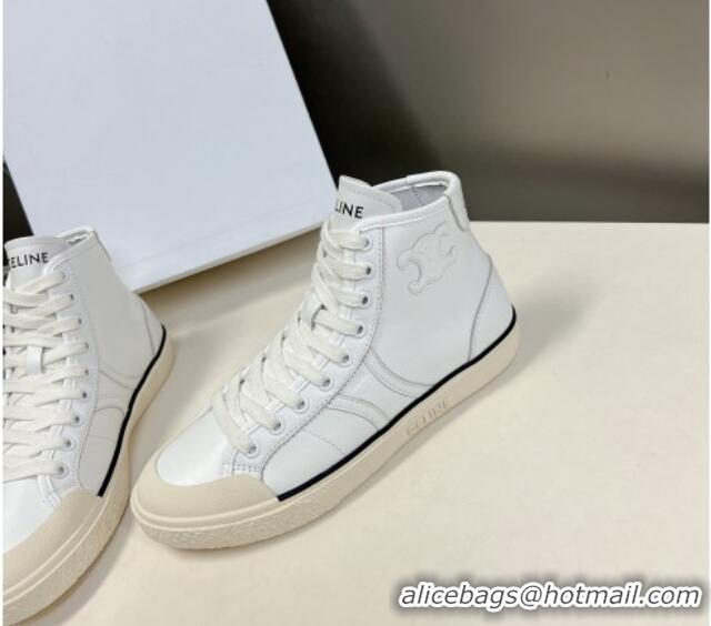 Low Price Celine AS-02 Mid Lace-up Alan Sneakers with Triomphe Patch in Calfskin White 204087