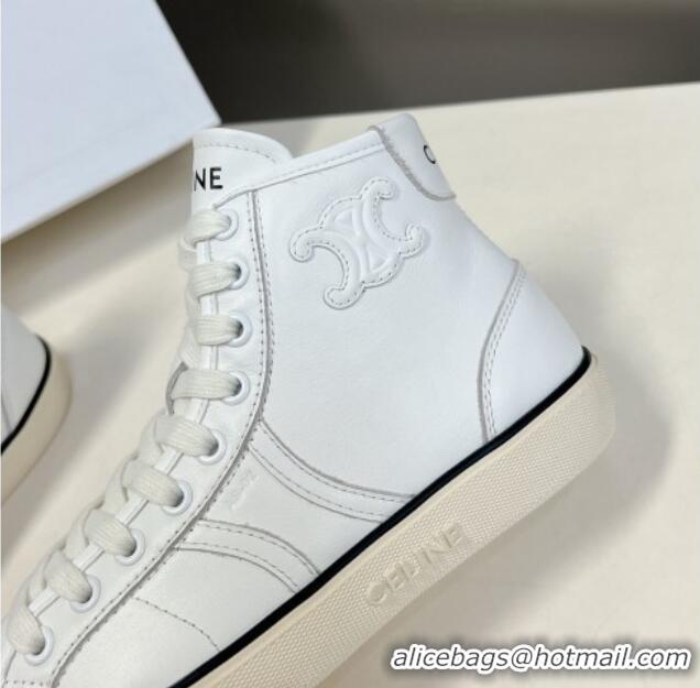 Low Price Celine AS-02 Mid Lace-up Alan Sneakers with Triomphe Patch in Calfskin White 204087