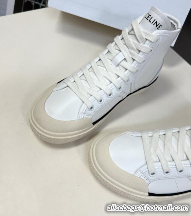 Low Price Celine AS-02 Mid Lace-up Alan Sneakers with Triomphe Patch in Calfskin White 204087